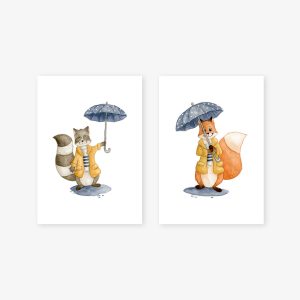 Sous la pluie – renard et raton-laveur – Duo Aquarelles