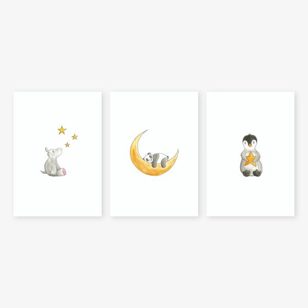 Trio illustration dans les étoiles, hippo, panda, pingouin