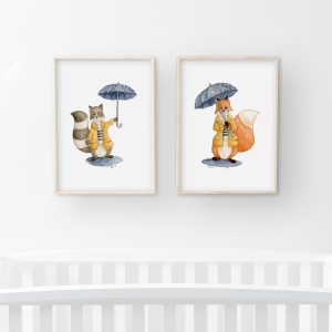Sous la pluie – renard et raton-laveur – Duo Aquarelles