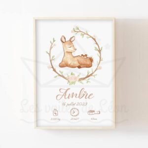 Fleurs et Faon – Aquarelle personnalisable naissance
