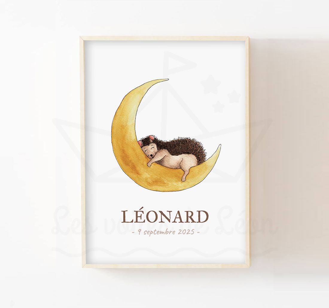 Poster bébé hérisson lune décoration murale prénom aquarelle