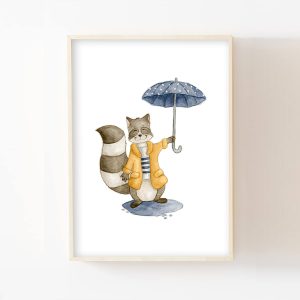 Raton-laveur sous la pluie – Aquarelle individuelle