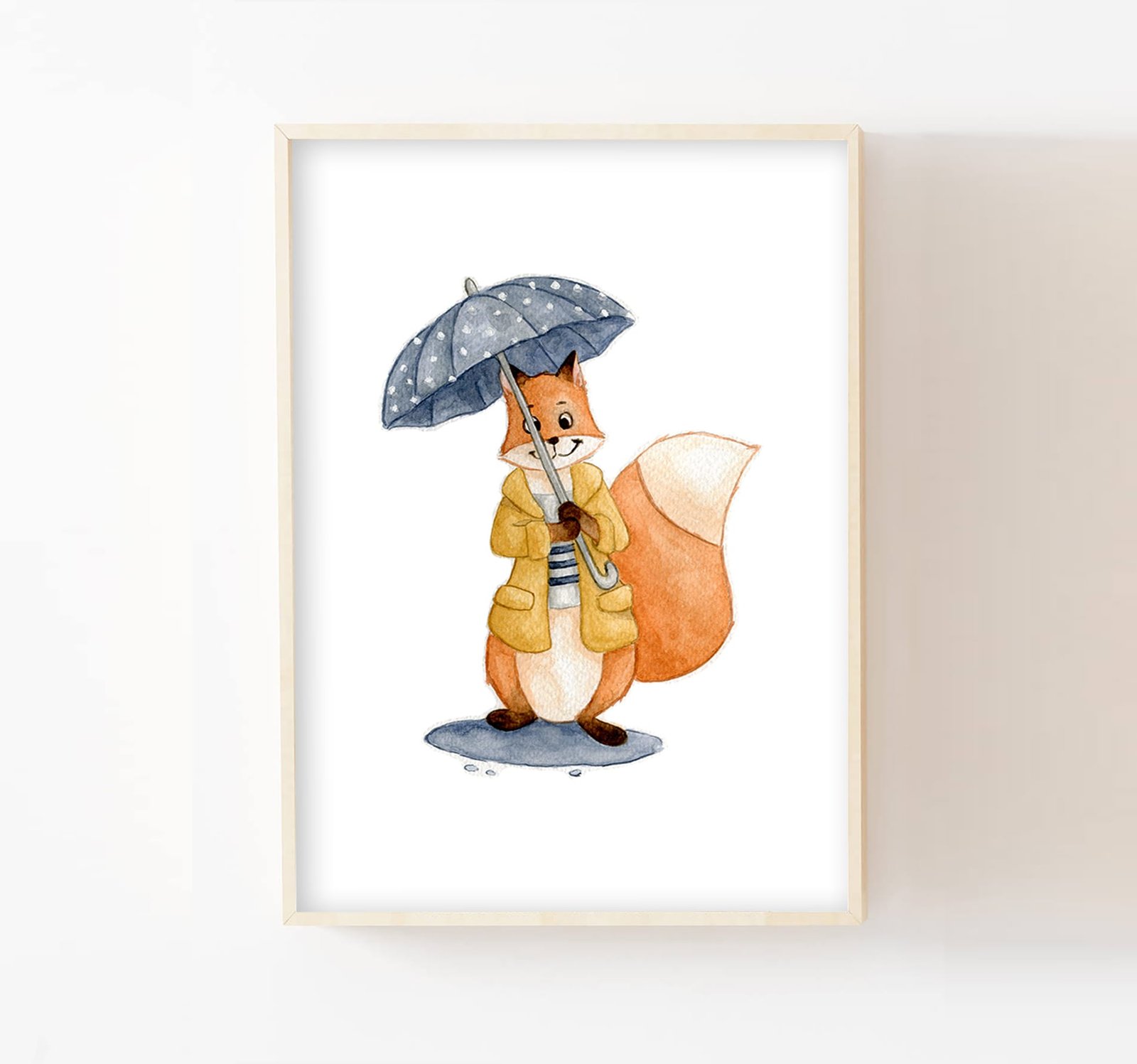 Parapluie Enfant Beige Motifs Renard & Cerf - Pointes Arrondies, Bord Réfléchissant - Pour école Et Sorties