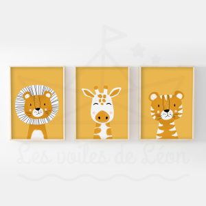 Savane – Lion Girafe Tigre – Trio Affiches – 30 x 40 cm, Jaune