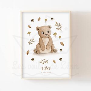 Ours brun – Affiches prénom enfant personnalisable forêt