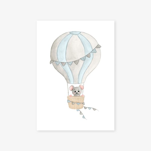 affiche souris montgolfière bleu gris