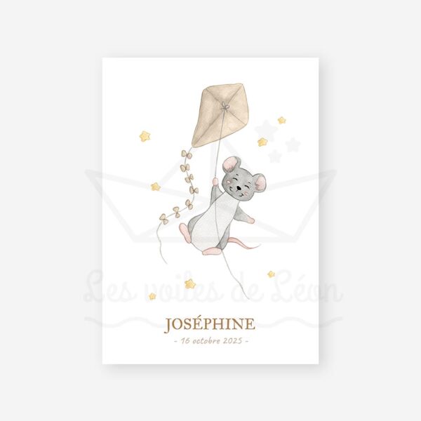 affiche souris cerf-volant beige étoiles prénom date