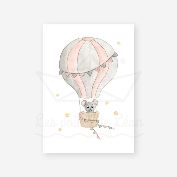 affiche souris montgolfière rose poudré étoiles décoration chambre bébé ciel