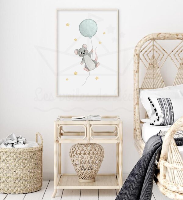 cadre souris ballon bleu céladon étoiles déco chambre enfant ciel