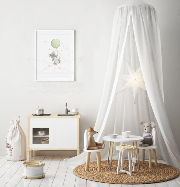 cadre souris ballon vert olive étoiles déco chambre enfant ciel