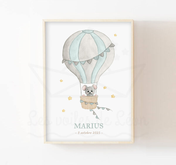 Poster enfant montgolfière souris aquarelle prénom personnalisé bleu céladon