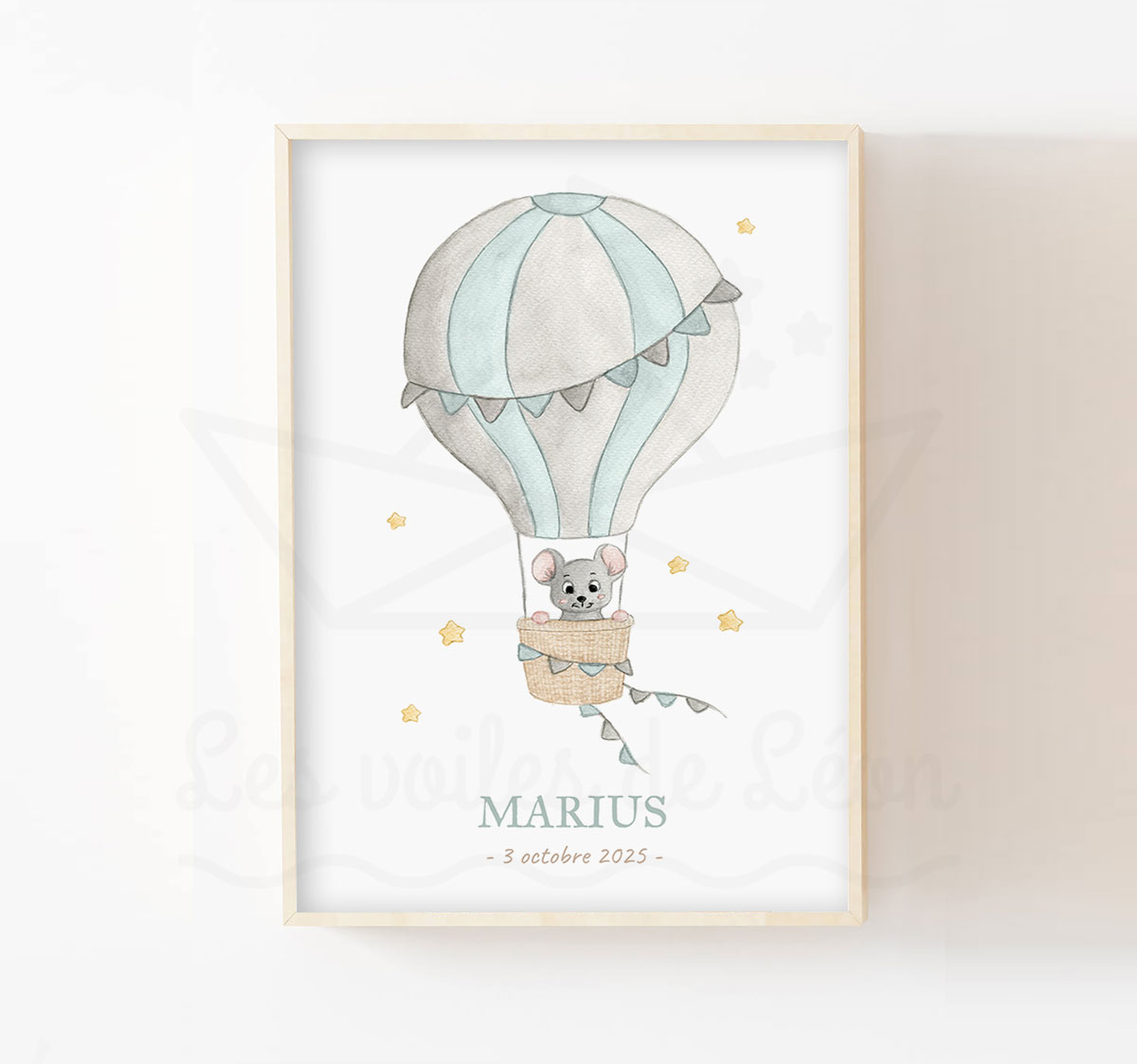 Poster enfant montgolfière souris aquarelle prénom personnalisé bleu céladon