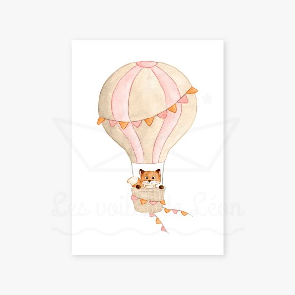 affiche déco renard montgolfière rose