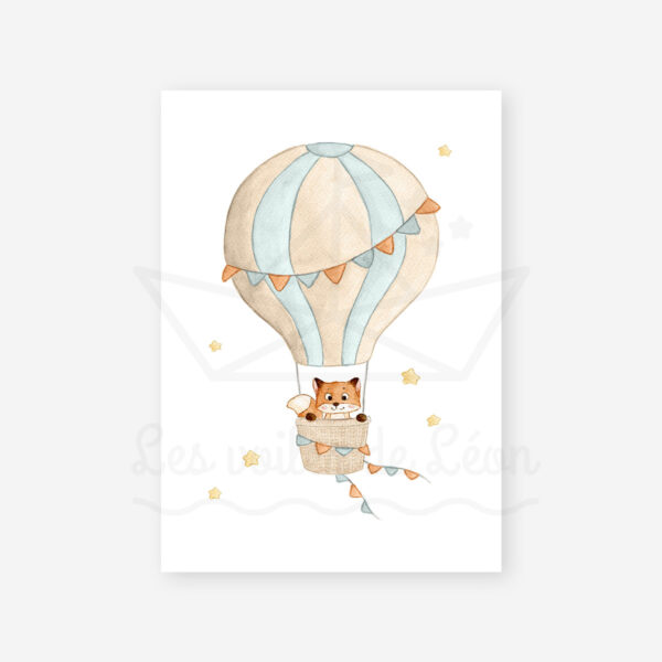 affiche renard montgolfière bleu céladon étoiles