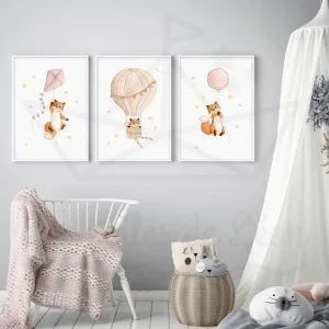 Affiche renard bébé – Trio Aquarelles ballons ciel