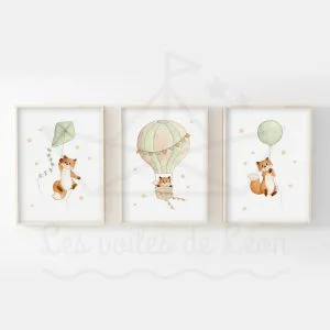 Affiche renard bébé – Trio Aquarelles ballons ciel