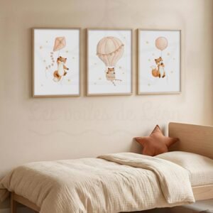 Affiche renard bébé – Trio Aquarelles ballons ciel