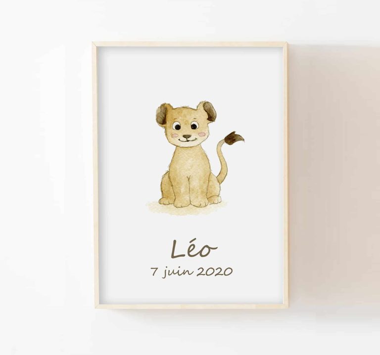 Aquarelle prénom bébé lion
