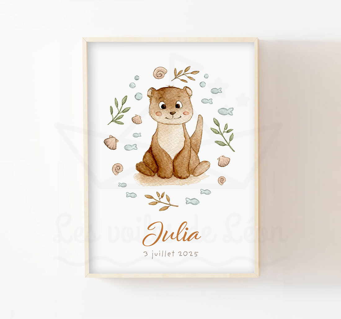 Affiche loutre bébé illustration aquarelle naissance prénom enfant