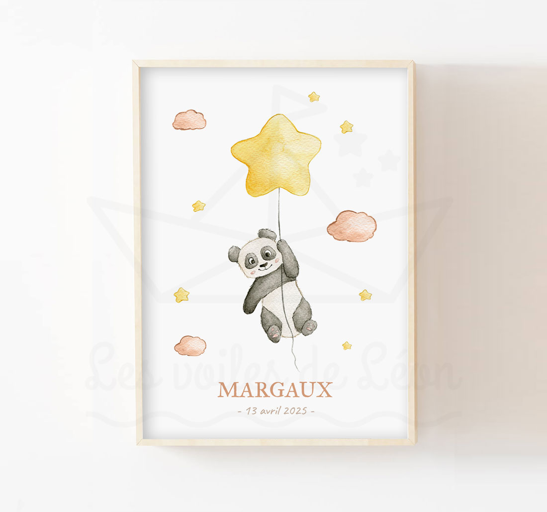 Aquarelle Panda étoiles décoration chambre enfant personnalisée