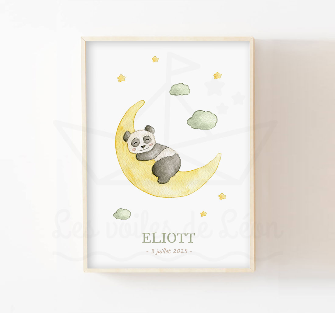 panda lune aquarelle bébé décoration murale étoiles