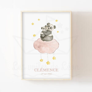 Panda maman et bébé sur un nuage – Aquarelle individuelle