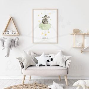 Panda maman et bébé sur un nuage – Aquarelle individuelle