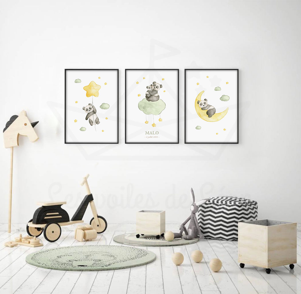 cadres étoiles panda vert olive déco murale chambre bébé personnalisé