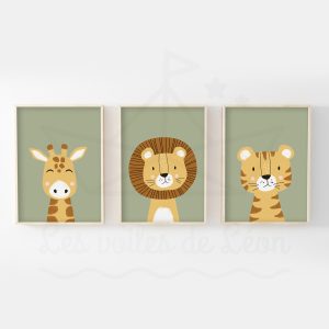 Savane – Lion Girafe Tigre – Trio Affiches Jaune sable