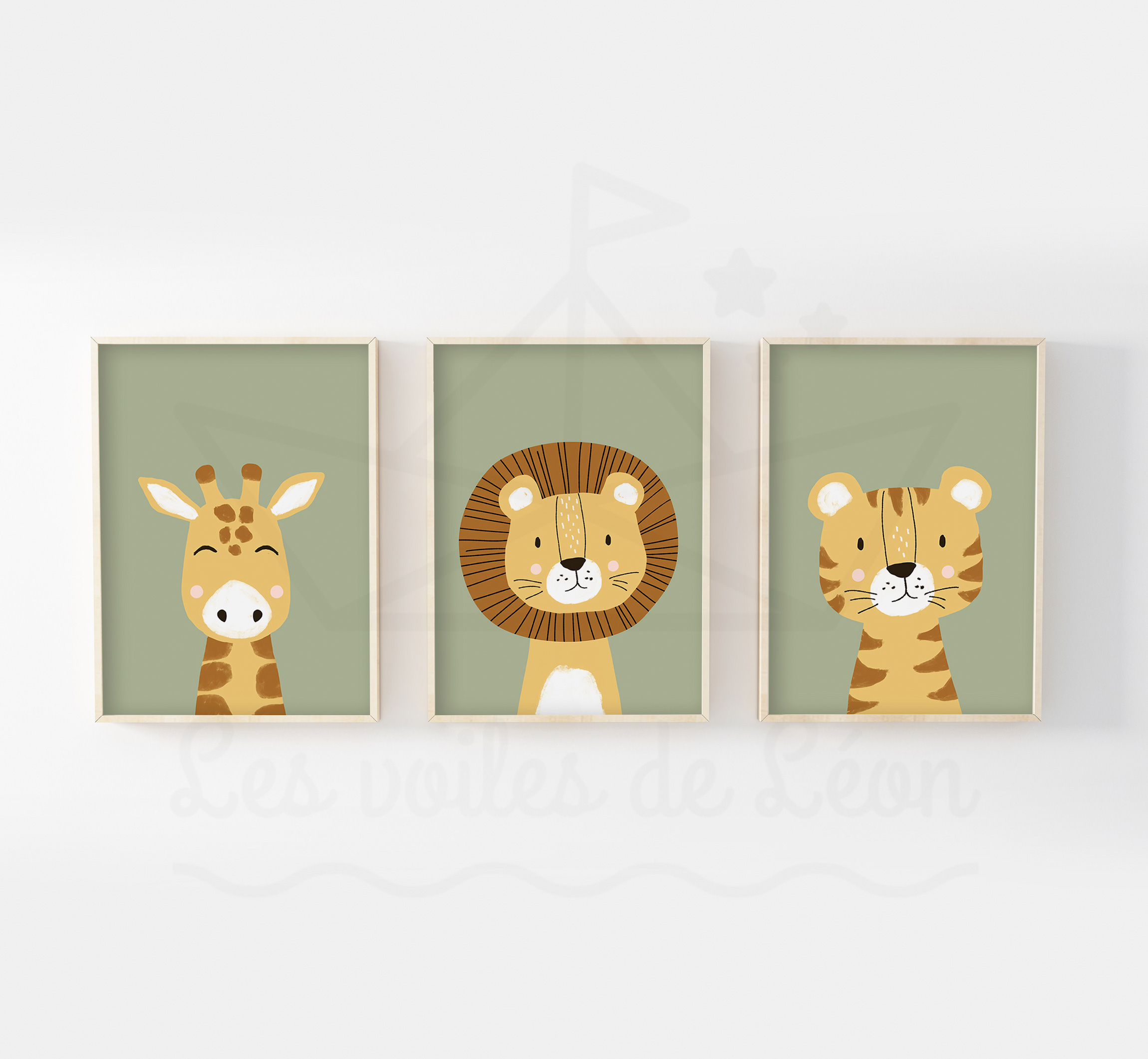 Savane - Lion Girafe Tigre - Trio Affiches Jaune sable