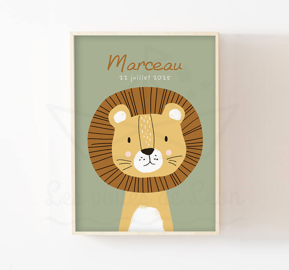 Décoration chambre bébé lion safari affiche murale enfant jungle prénom