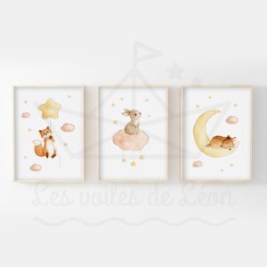 Ciel Renard Lapin Faon Trio Aquarelles