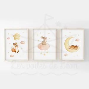 Ciel Renard Lapin Faon Trio Aquarelles