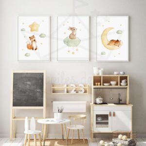 Ciel Renard Lapin Faon Trio Aquarelles