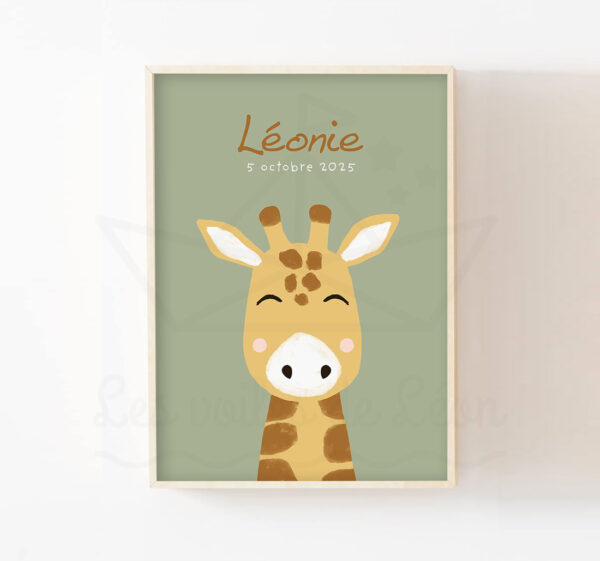 Décoration bébé girafe prénom affiche animal savane