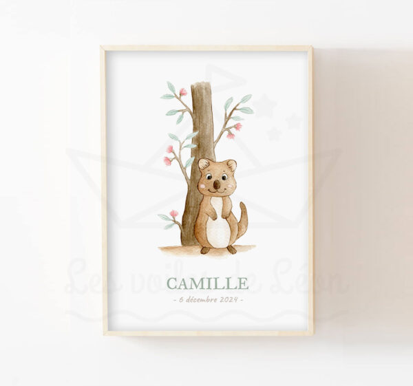 Déco chambre bébé australie aquarelle prénom quokka eucalyptus