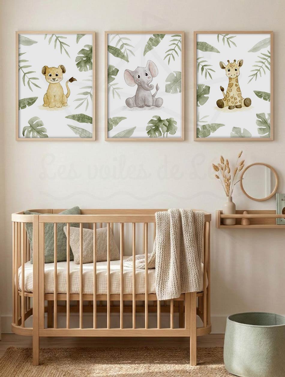 cadres lion éléphant girafe plantes tropicales prénom date déco chambre bébé jungle