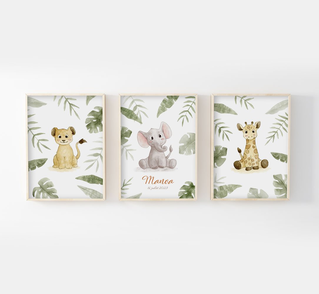 Savane Lion Eléphant Girafe Trio Aquarelles