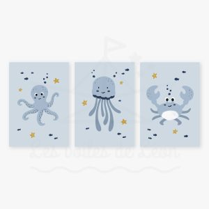 Mer – Crabe Méduse Pieuvre – Trio affiches