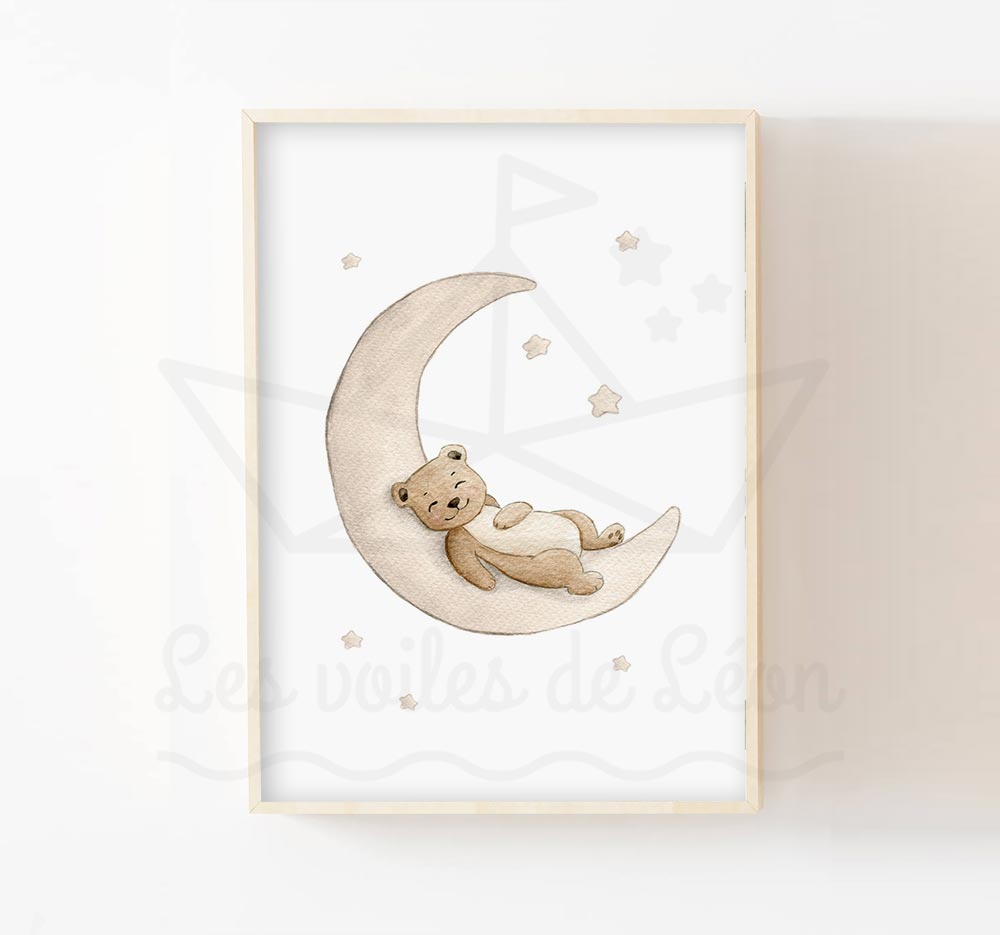 Poster enfant ourson lune décoration murale aquarelle étoiles