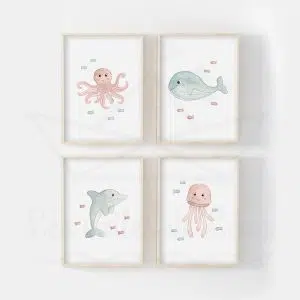 Mer Pieuvre Baleine Dauphin Méduse Quatuor Aquarelles