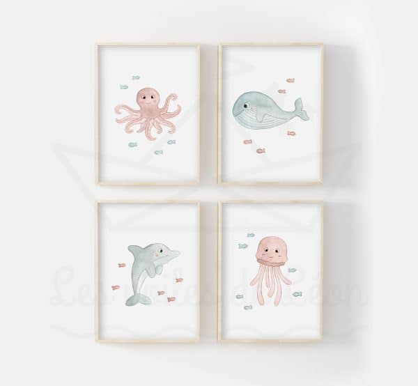 Affiches animaux marins bébé aquarelles