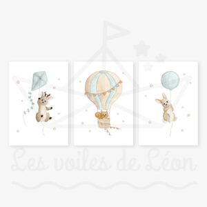 Ciel Forêt – Cerf Écureuil Lapin- Trio Aquarelles – 13 x 18 cm, Bleu Céladon