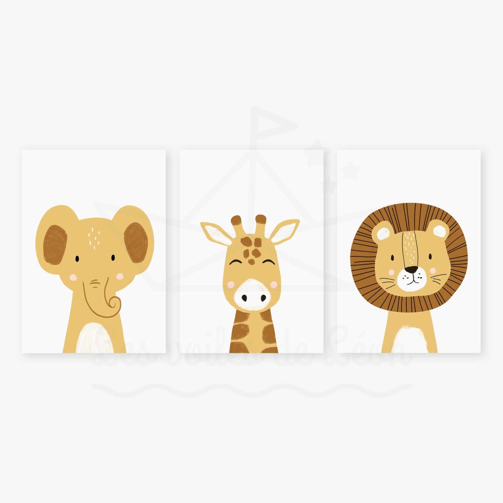 affiches safari chambre bébé lion girafe éléphant sable blanc