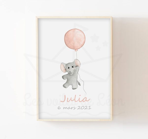 Poster bébé éléphant ballon rose