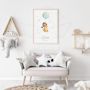 Affiche Naissance- Lion ballon ciel – Aquarelle