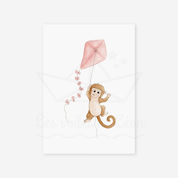 affiche bébé singe cerf volant rose