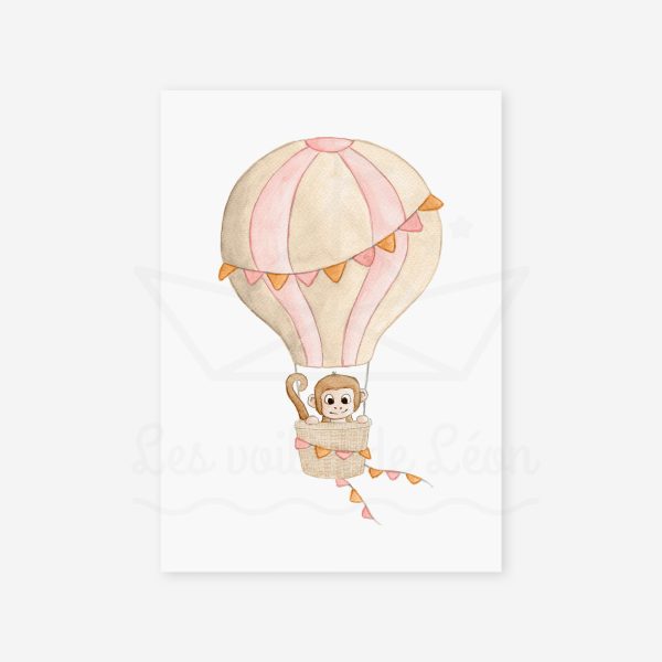 aquarelle chambre enfant singe montgolfière rose