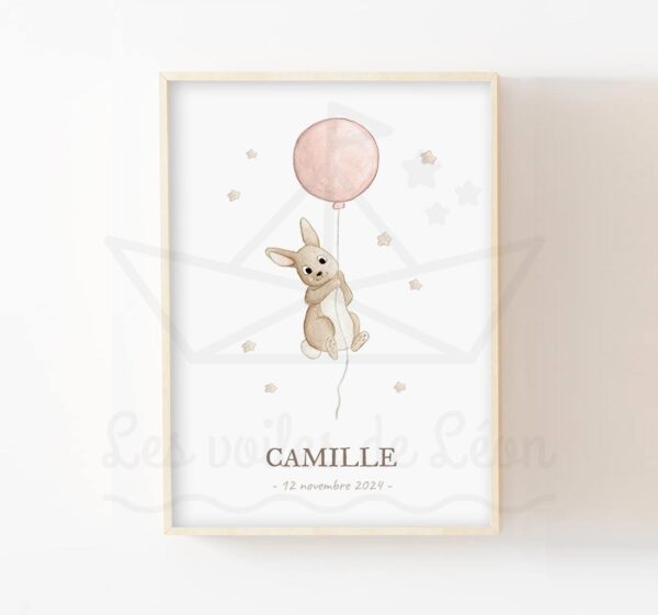 Affiche naissance personnalisée bébé lapin ballon aquarelle étoiles