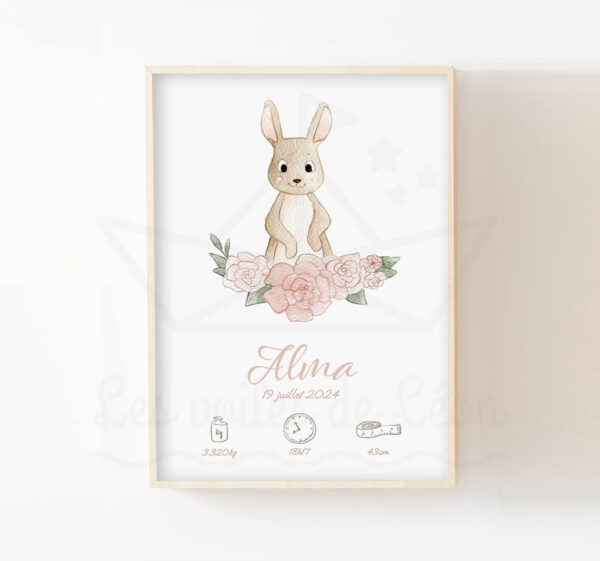 Affiche naissance lapin décoration chambre bébé aquarelle fleurs